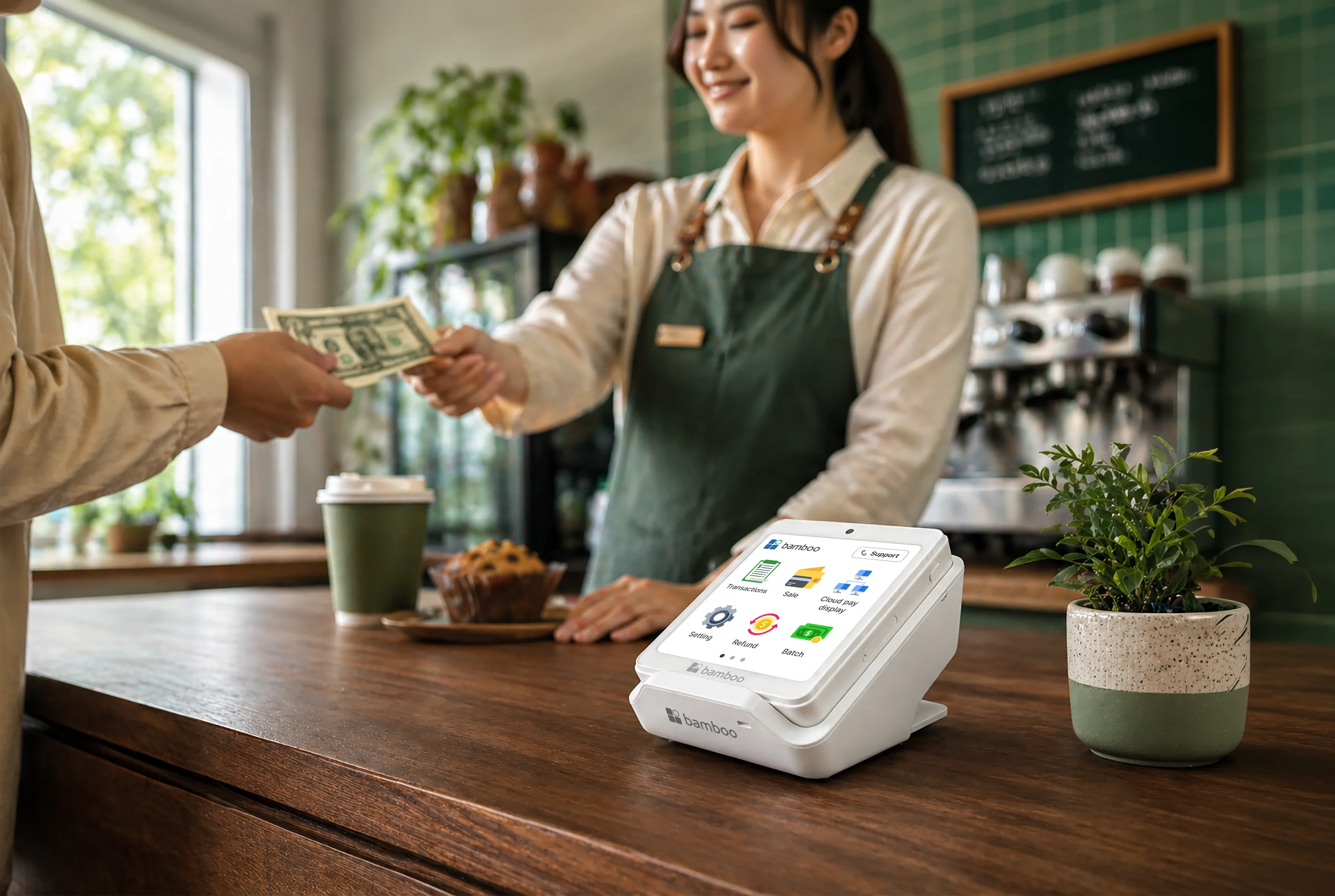Customer paying cash at a cafe counter with a Bamboo payment device.